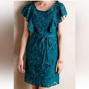 Anthropologie Moulinette Soeurs Scrollwork Flutter Dress Dark Teal Lined Size 6